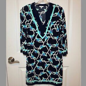 Crown & Ivy Dress Womens 4 Blue Green Bee Print V-Neck 3/4 sleeve Tunic
